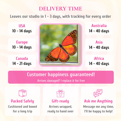 Delivery info for the monarch butterfly stained glass window corner, pictured in a window. Ships from the studio in 1-3 days with tracking. Delivery: USA and Europe 10-14 days, Canada 14-21 days, Australia, Asia and Africa 14-40 days. If it arrives damaged, it is replaced for free. Cushioned and boxed for the trip, arrives gift-wrapped, and you can message the maker any time.