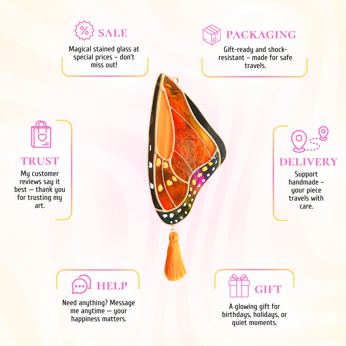This stained glass monarch butterfly wing infographic highlights its appeal as a glowing gift for any celebration.