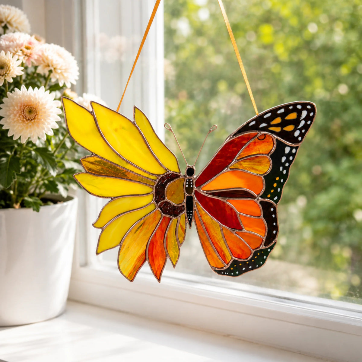 This beautiful stained glass sunflower-monarch butterfly is displayed near white flowers, making it an ideal decorative gift for any home.