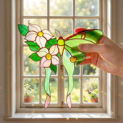 A hand holds a stained glass suncatcher butterfly with pink flowers and green wings in front of a sunlit window.