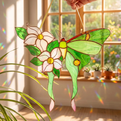 A stained glass hanging ornament shaped like a green moth with two white flowers, suspended indoors near a sunlit window. A hand holds the top string, and rainbow light leaks through the glass.