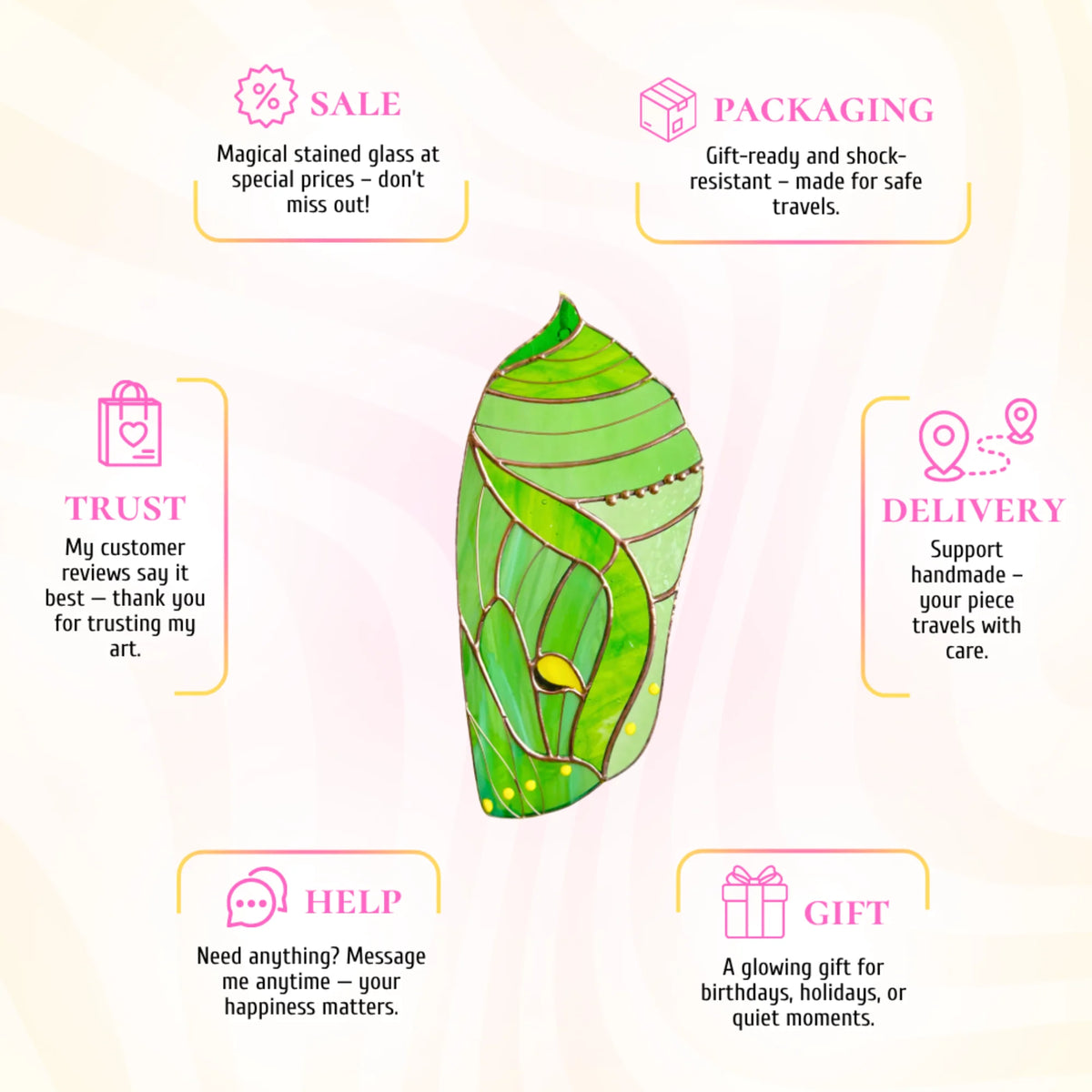 This stained glass luna moth chrysalis infographic highlights its beauty as a special gift, complete with secure shipping and trusted quality.