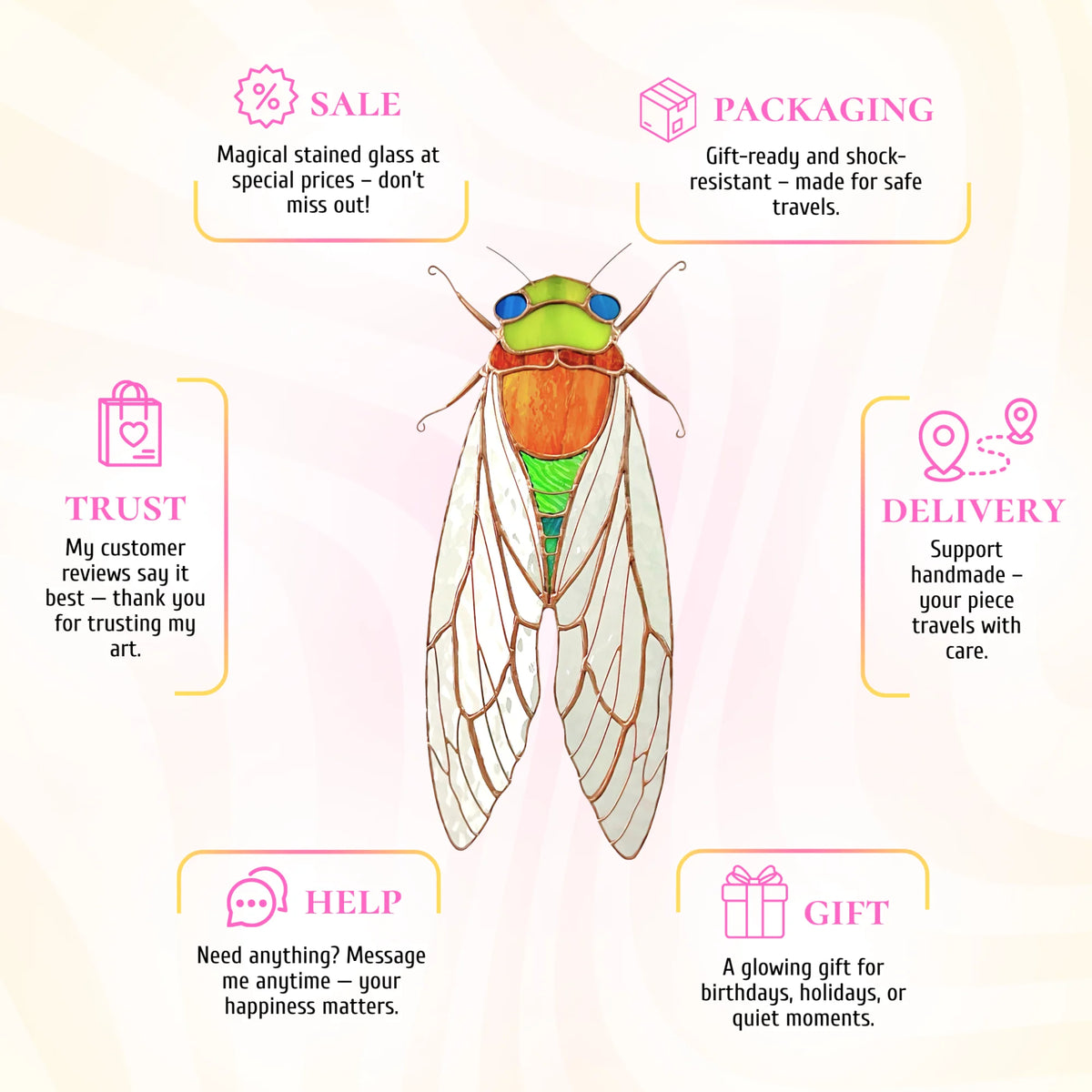 This stained glass cicada info infographic presents it as a wonderful and glowing gift for any special occasion.