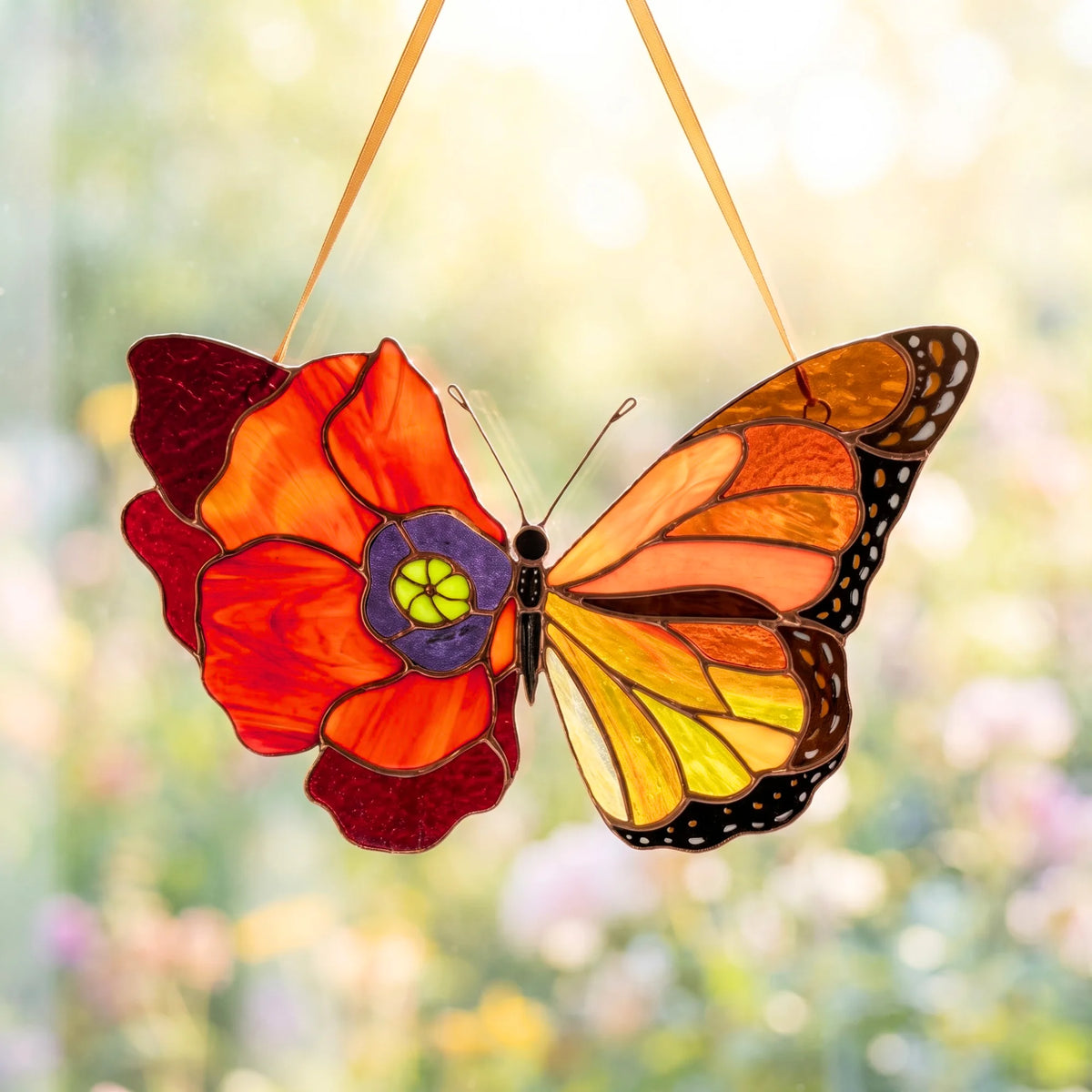 This beautiful stained glass poppy and monarch butterfly suncatcher catches the warm sunlight, creating a glowing decorative piece.