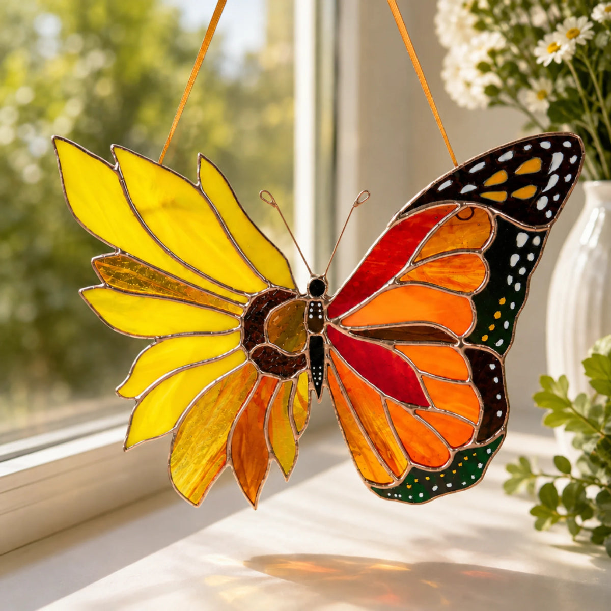 This handcrafted stained glass butterfly features a stunning sunflower and monarch wing fusion, perfect as a bright and memorable gift.