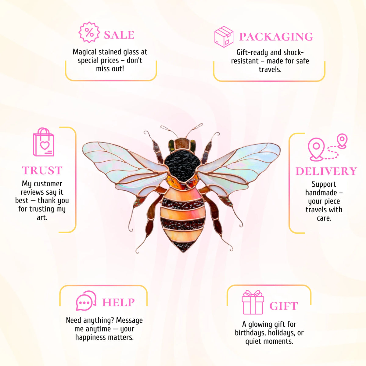 A beautifully crafted stained glass bee, making a perfect, unique gift that arrives in secure, gift-ready packaging for any special occasion.