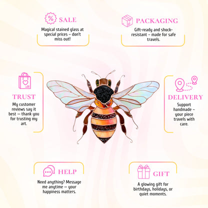 A beautifully crafted stained glass bee, making a perfect, unique gift that arrives in secure, gift-ready packaging for any special occasion.