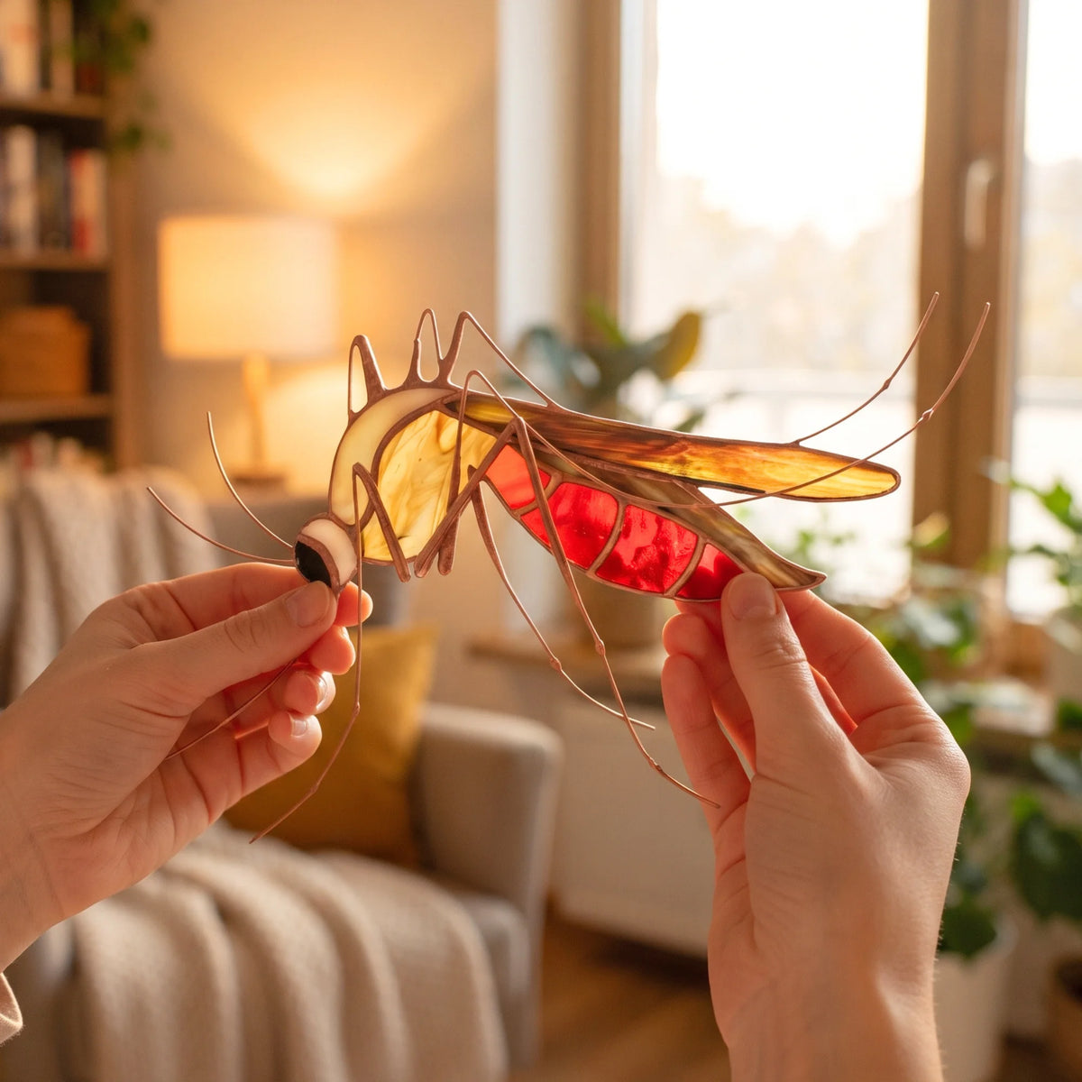 A person holds a stained-glass mosquito lamp in a warm, cozy living room setting with a blurred background of a sofa and window.