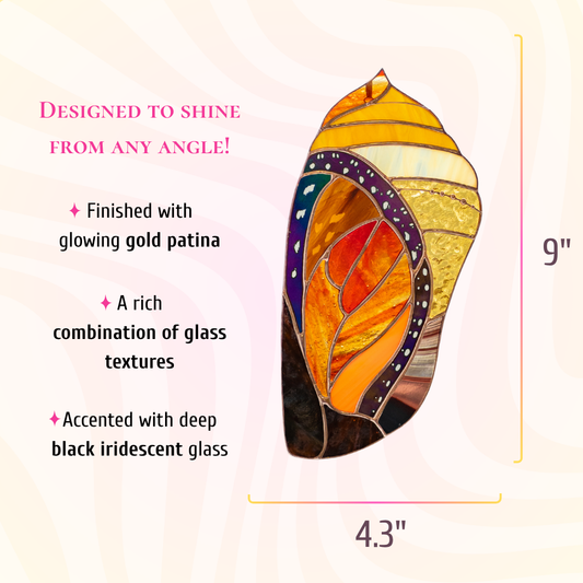 This dimensions infographic shows the stained glass monarch chrysalis with measures 9 inches tall and 4.3 inches wide.