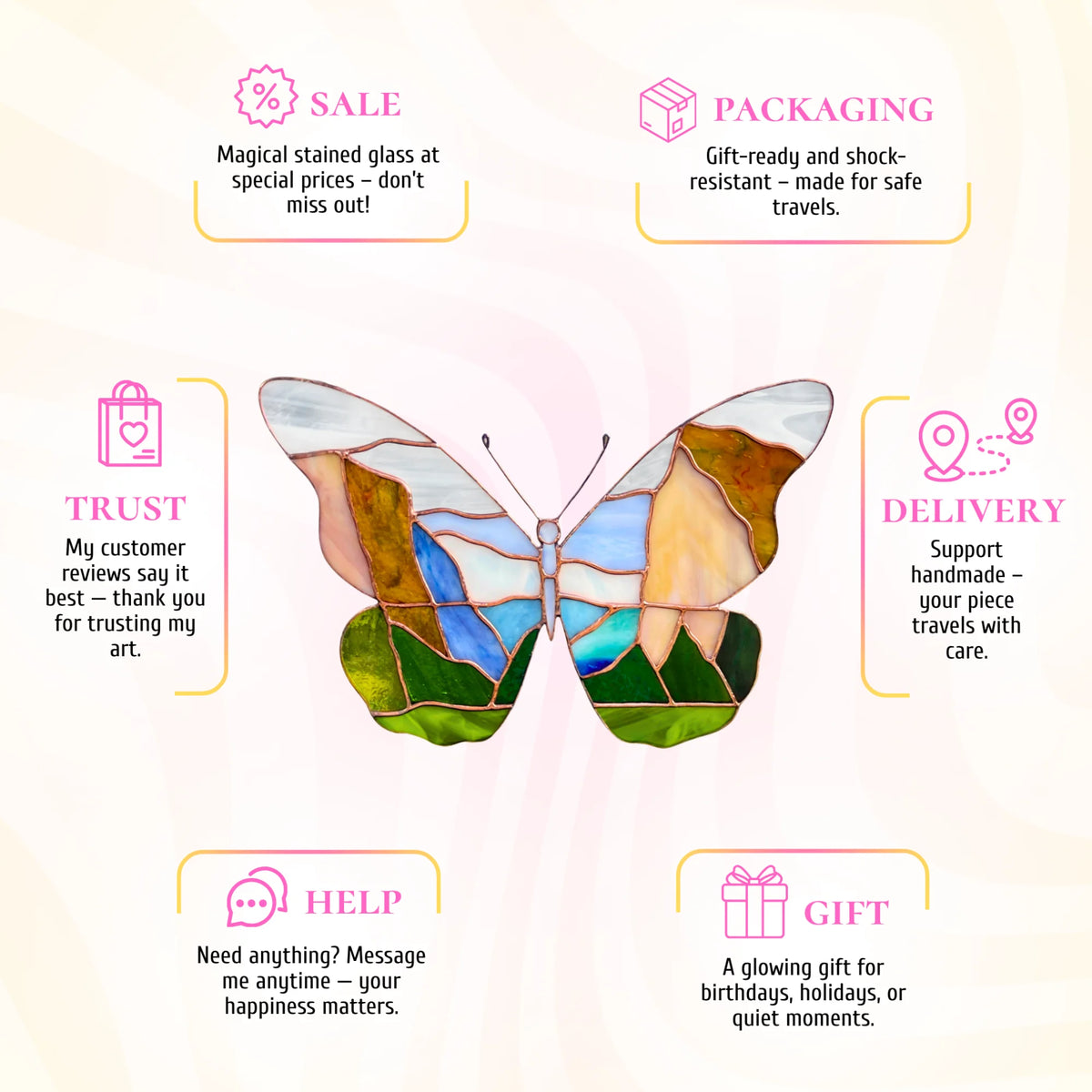 A stunning stained glass butterfly that serves as a lovely, thoughtful gift, carefully packaged to ensure it arrives safely at its destination.