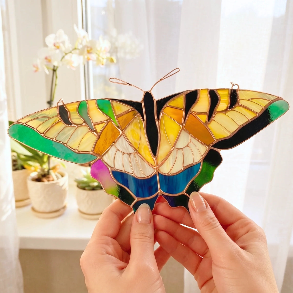 A stained glass butterfly ornament with yellow, green, blue, black, and white panels, held by two hands in front of a bright window with potted plants in the background.