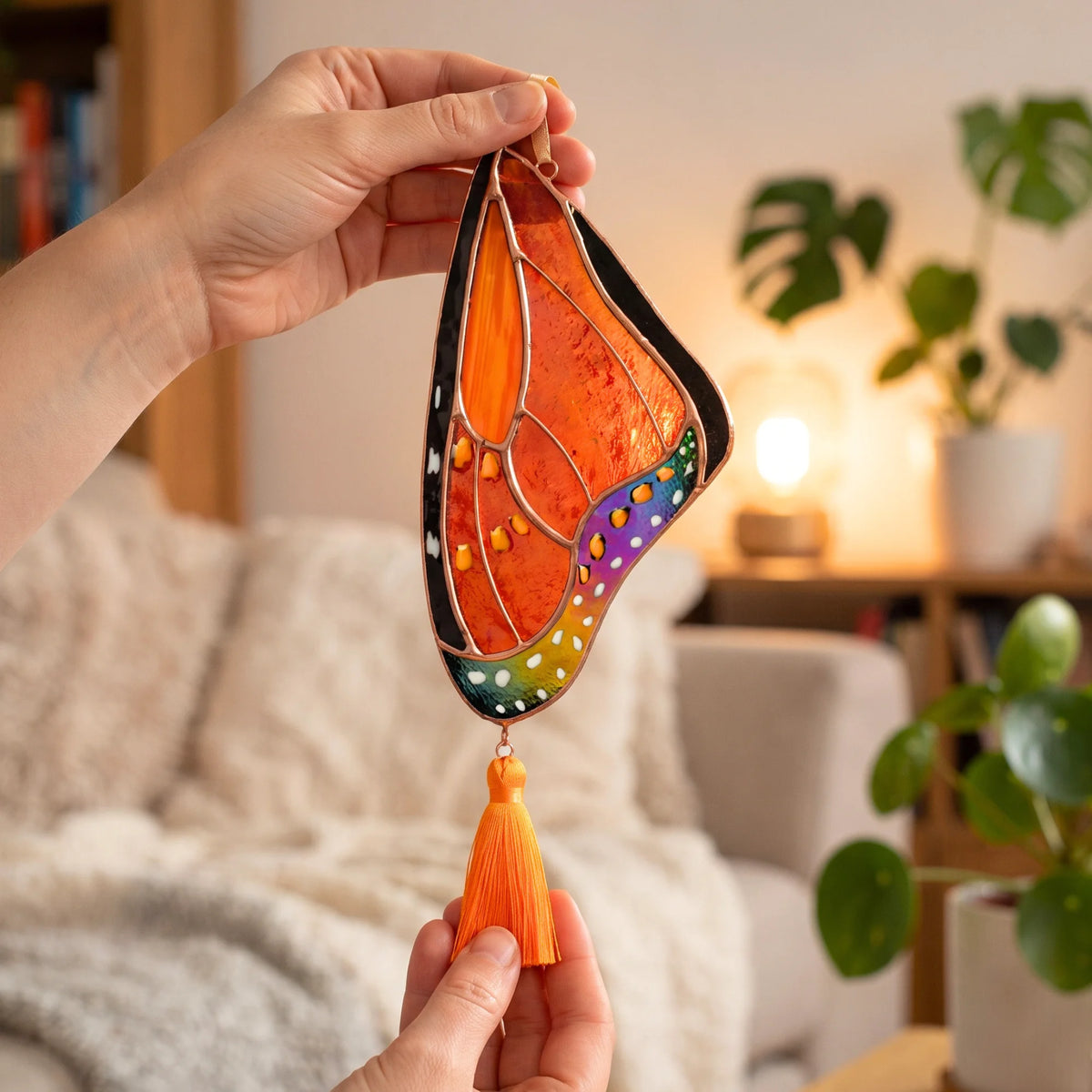 A stained glass butterfly ornament being held by two hands in a cozy living room. The butterfly has orange wings, a black outline, multicolor dots along the lower edge, and a bright orange tassel hanging below.