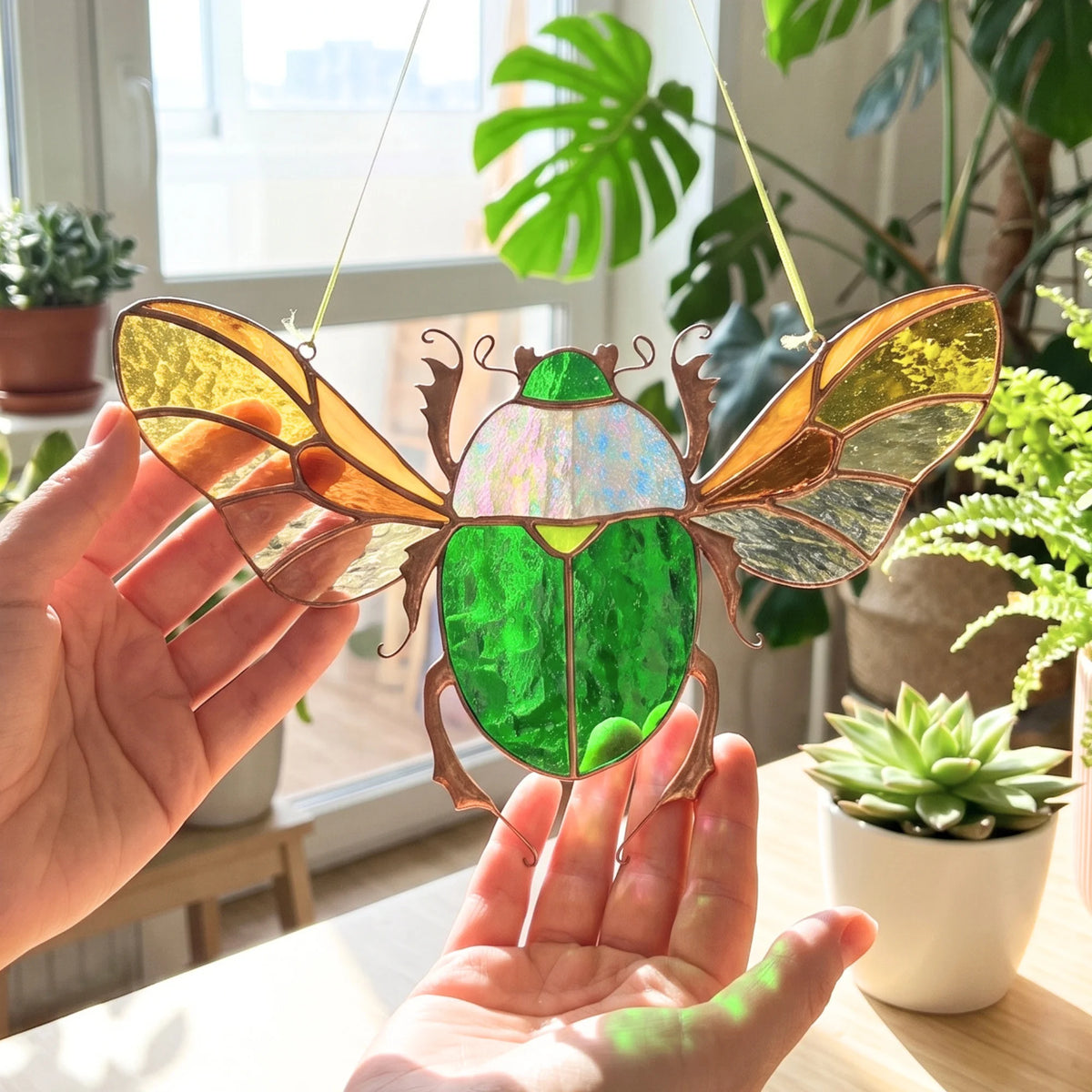 A stained-glass beetle ornament with iridescent green and gold-toned glass details and copper-toned metal framing, held up by two hands in a cozy living room setting.