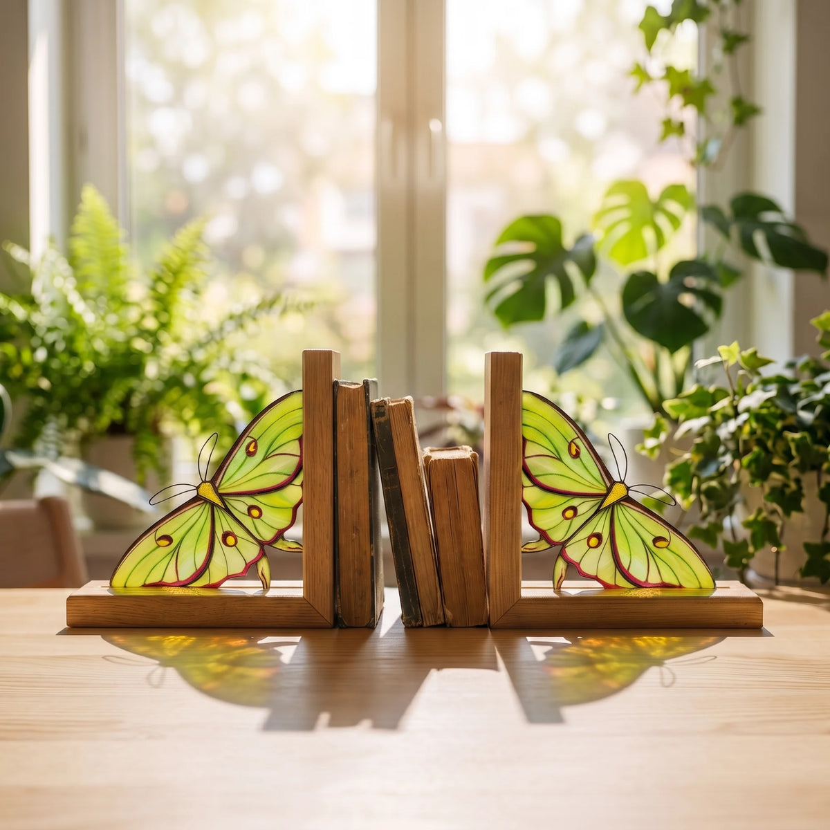 Two wooden bookends shaped like large green and yellow luna moths with red and black details, holding a row of books on a wooden table in a sunlit room with plants in the background.