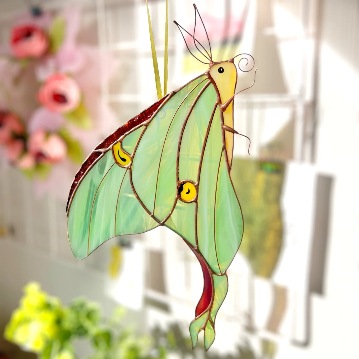 Luna Moth · Stained Glass Suncatcher · Side-Profile