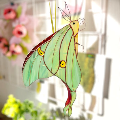 Luna Moth · Stained Glass Suncatcher · Side-Profile