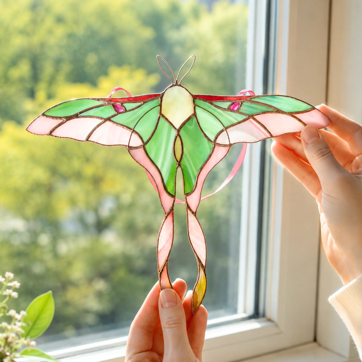 A stained glass moth suncatcher with green, pink, and cream sections held up by two hands in front of a bright window with blurred green foliage outside.