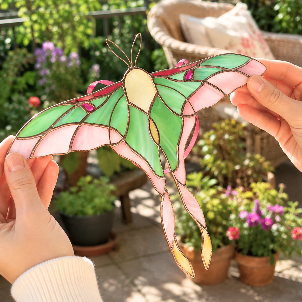 A stained-glass luna moth ornament with pink, green, and cream panels is held by two hands against a sunny garden patio background.