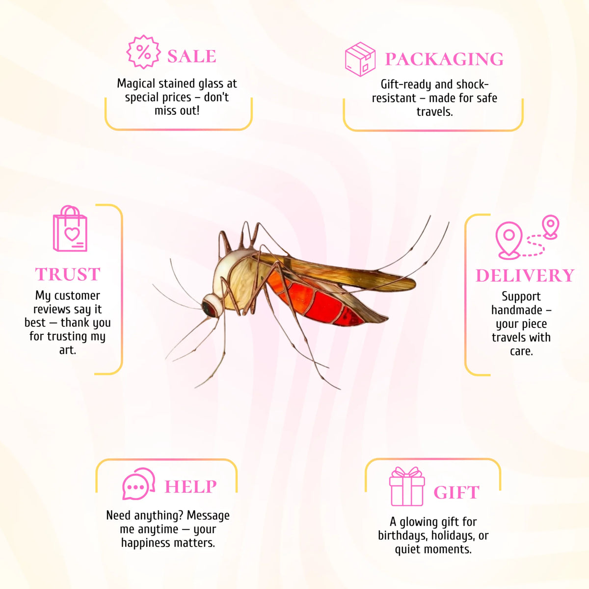 This stained glass mosquito window hanging infographic highlights its appeal as a glowing gift for any celebration.