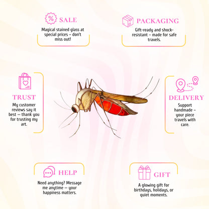 This stained glass mosquito window hanging infographic highlights its appeal as a glowing gift for any celebration.