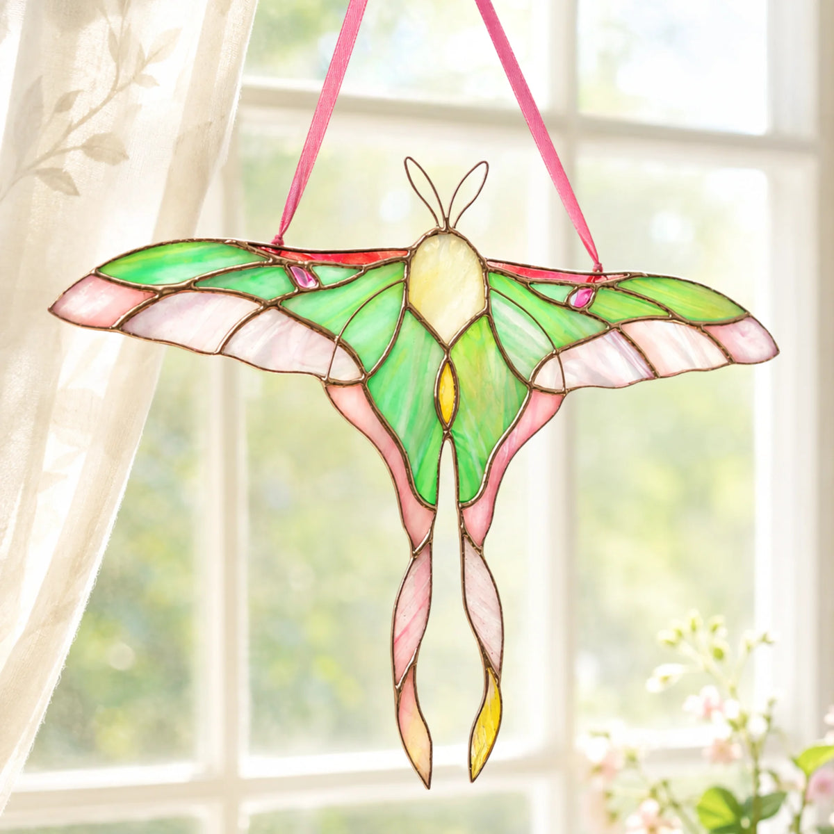 A stained glass luna moth hanging suncatcher with pink ribbon, displayed in front of a bright window.