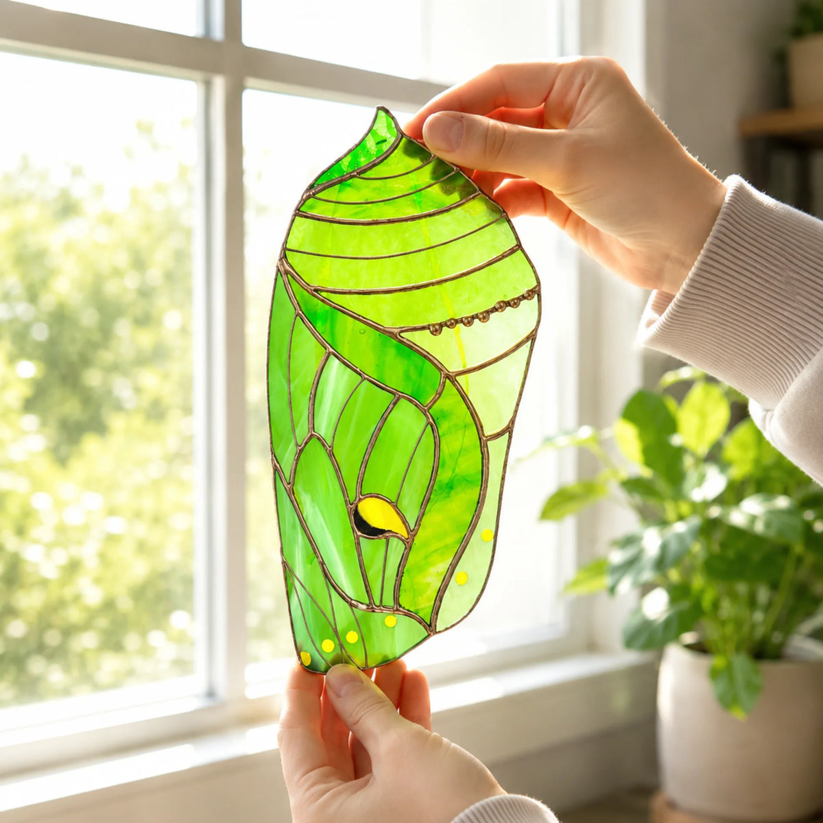 A person holding up a handcrafted green stained glass butterfly chrysalis, showcasing its intricate details and vibrant color as a thoughtful gift.