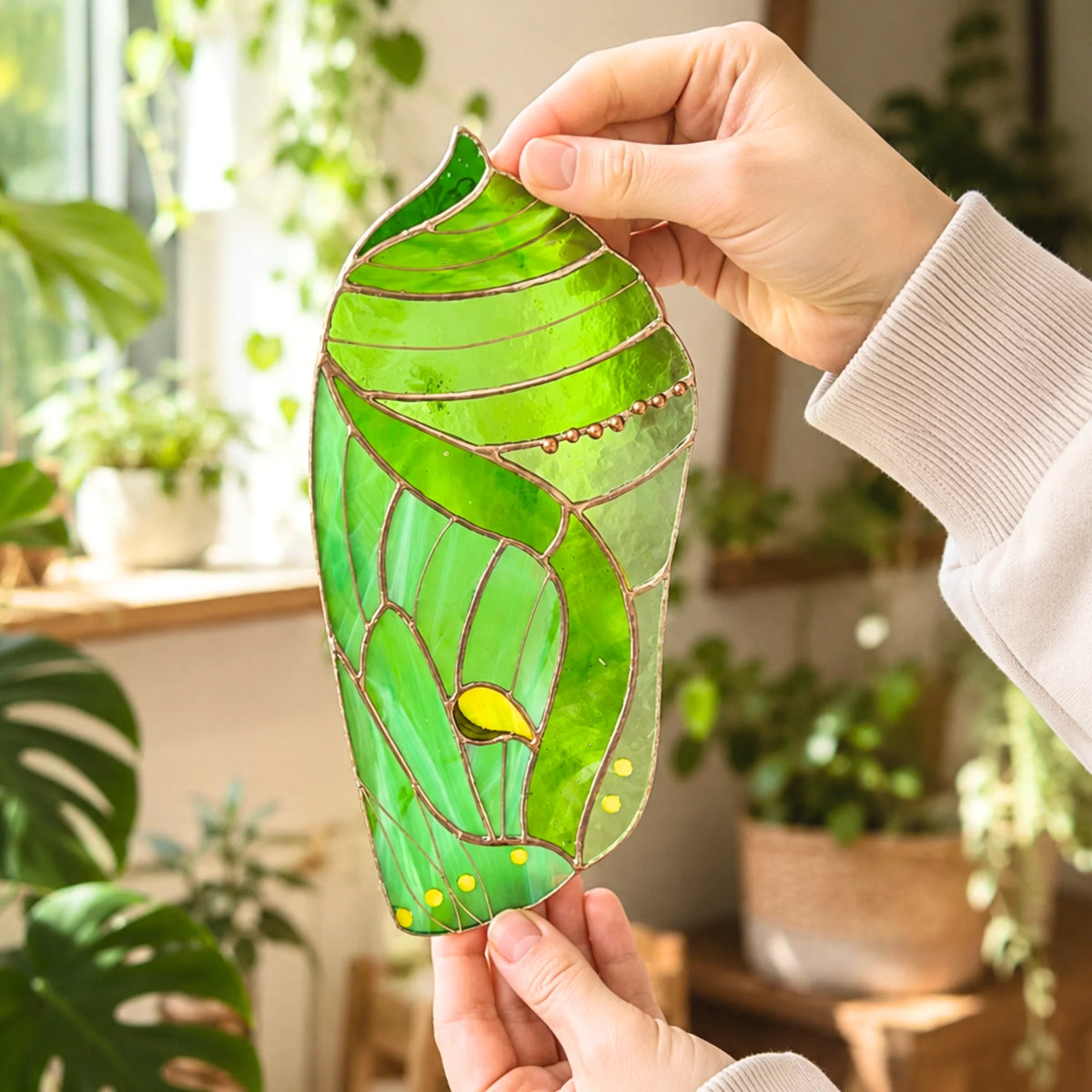 This stunning green stained glass chrysalis is held up in a well-lit room, highlighting its fine craftsmanship and unique design.