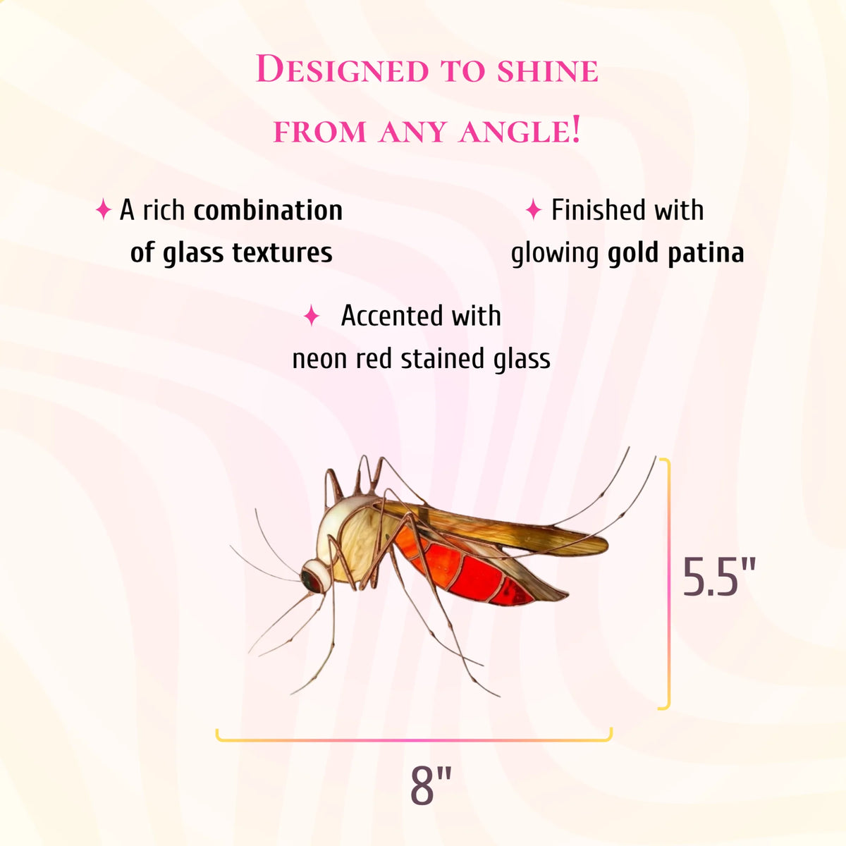 An informational product graphic showing a mosquito stained glass suncatcher with dimensions labeled 8 inches by 5.5 inches.