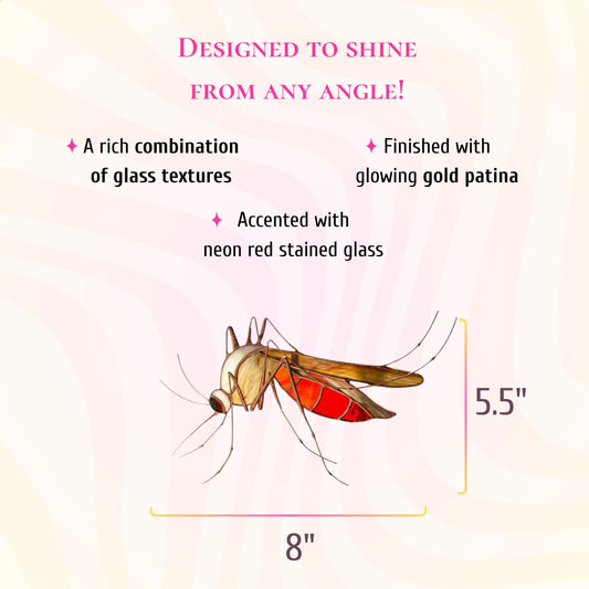 An informational product graphic showing a mosquito stained glass suncatcher with dimensions labeled 8 inches by 5.5 inches.