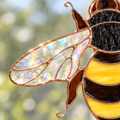 Close-up of the bee's iridescent glass wing, textured black thorax and copper-lined yellow stripes