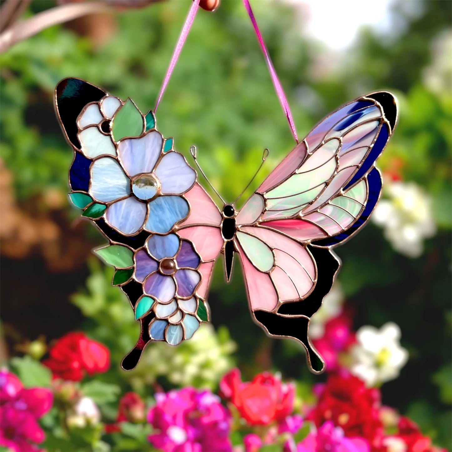 Pink Butterfly with Floral Wings · Stained Glass Suncatcher