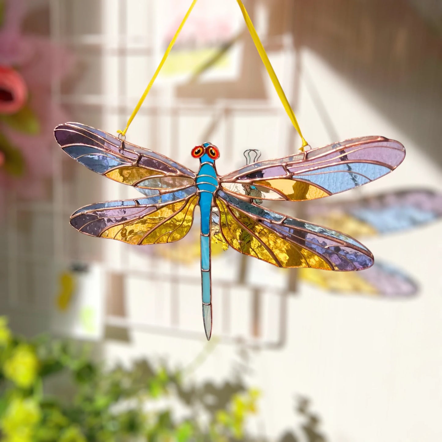 Dragonfly with Amethyst & Gold Wings · Stained Glass Suncatcher