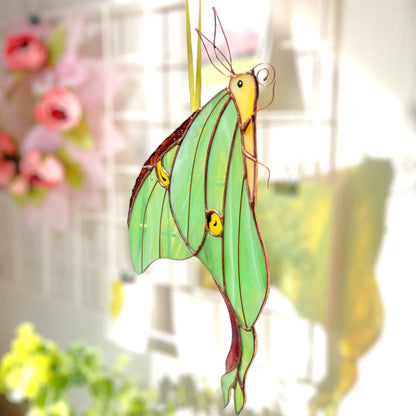 Luna Moth · Stained Glass Suncatcher · Side-Profile