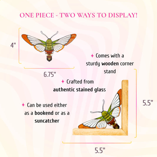 A dimension and feature infographic showing a green and white stained glass moth measuring 6.75 inches wide by 4 inches tall, which can serve as a suncatcher or a bookend with a sturdy wooden corner stand.