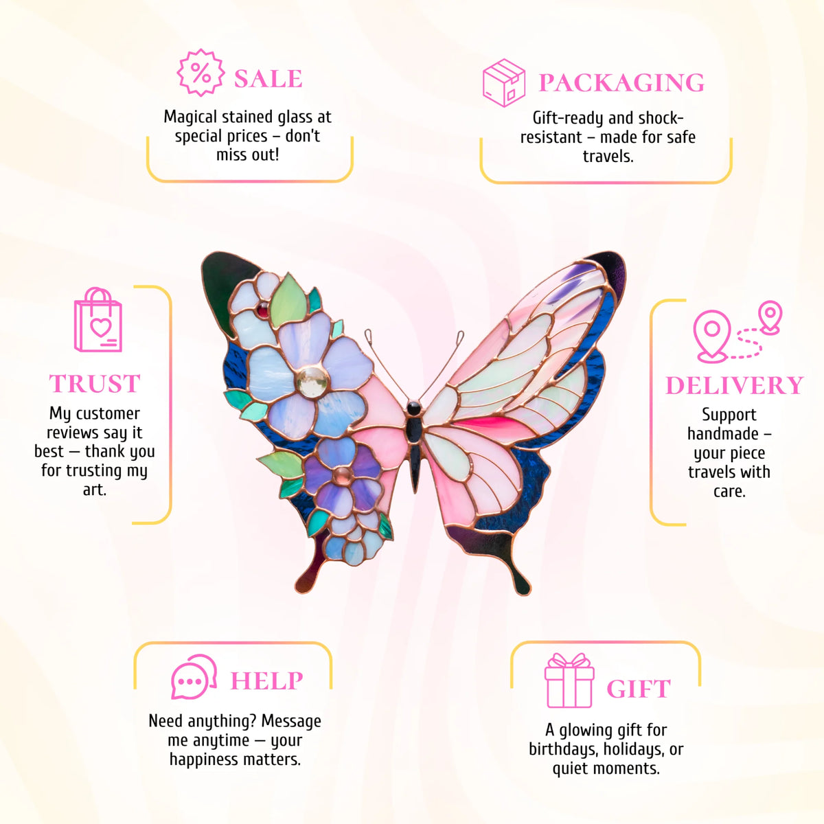 A delicate stained glass butterfly adorned with floral patterns, perfect as a thoughtful and beautiful gift.