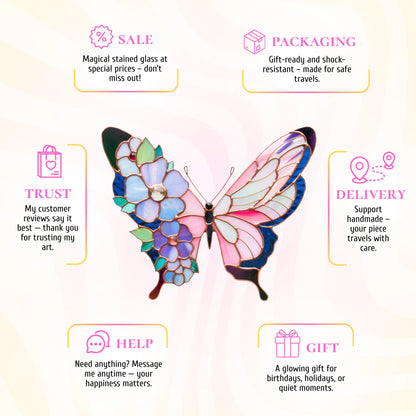 A delicate stained glass butterfly adorned with floral patterns, perfect as a thoughtful and beautiful gift.