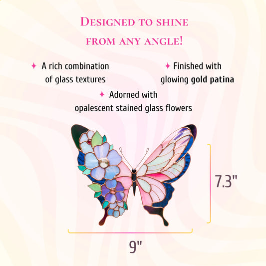 A decorative stained-glass-style butterfly with floral elements on a light pink background, overlaid with dimension callouts showing 9 inches wide and 7.3 inches tall.