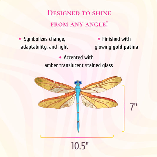 This dimensions infographic details the stained glass dragonfly, showing a height of 7 inches and a width of 10.5 inches.