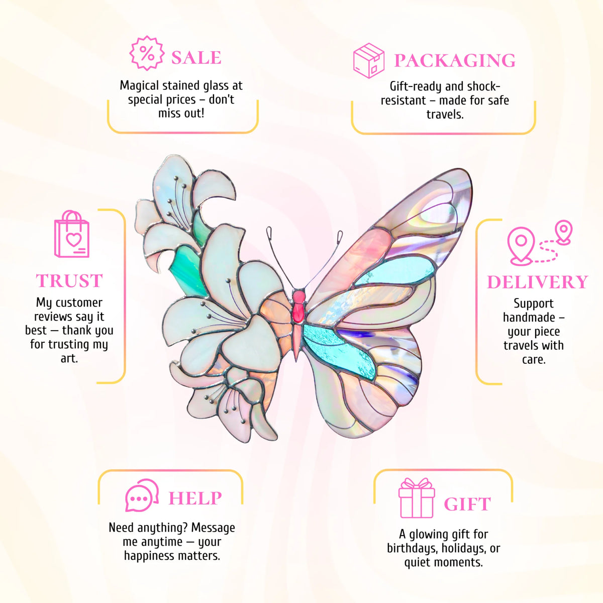 This stained glass white lily butterfly infographic highlights its appeal as a unique and memorable gift choice.
