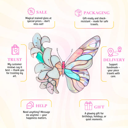 This stained glass white lily butterfly infographic highlights its appeal as a unique and memorable gift choice.