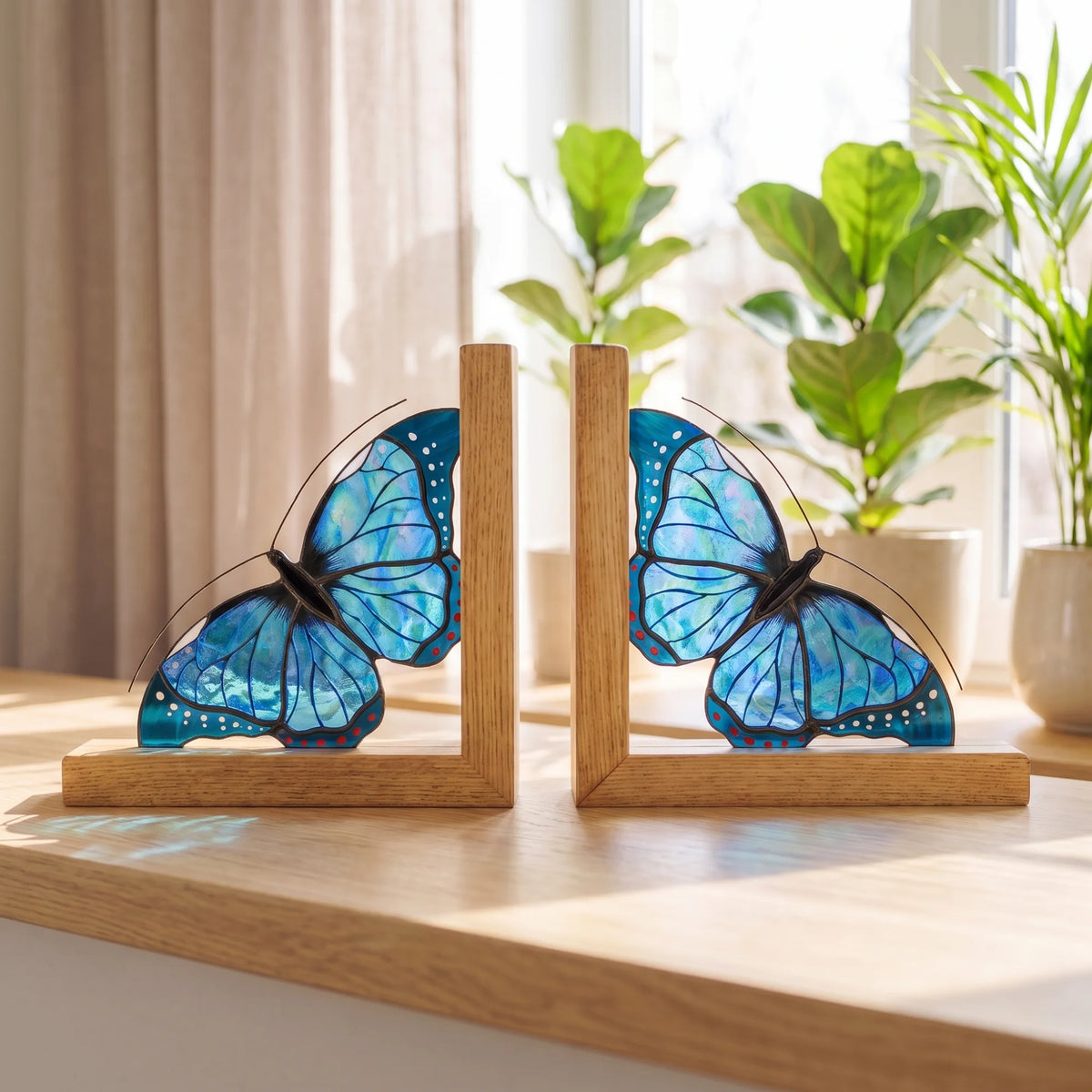 Two wooden bookends shaped like blue morpho butterflies, displayed on a light wood table in a bright room with potted plants in the background.