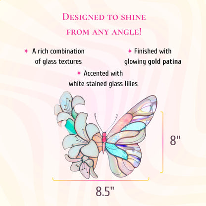 This dimensions infographic specifies that the stained glass white lily butterfly measures 8 inches tall and 8.5 inches wide.