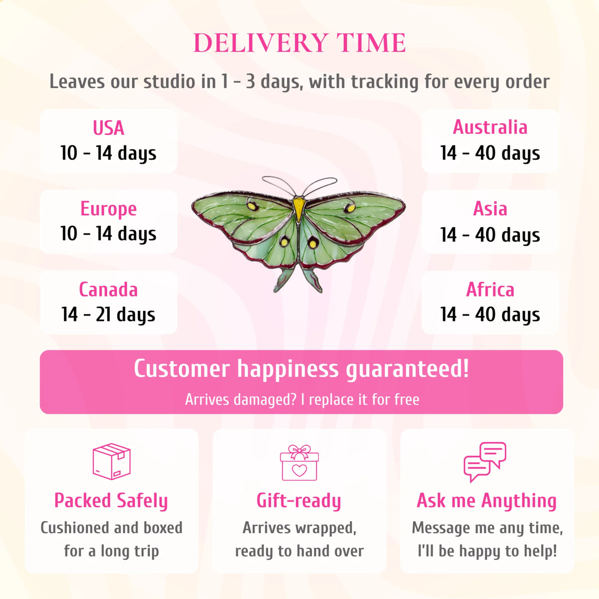 Delivery info for the luna moth stained glass suncatcher. Ships from the studio in 1-3 days with tracking. Delivery: USA and Europe 10-14 days, Canada 14-21 days, Australia, Asia and Africa 14-40 days. If it arrives damaged, it is replaced for free. Cushioned and boxed for the trip, arrives gift-wrapped, and you can message the maker any time.