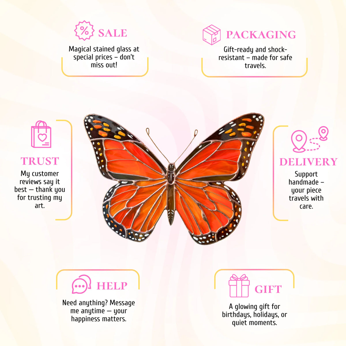 This stained glass monarch butterfly infographic highlights its beauty as a special gift, complete with secure shipping and trusted quality.
