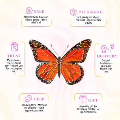This stained glass monarch butterfly infographic highlights its beauty as a special gift, complete with secure shipping and trusted quality.