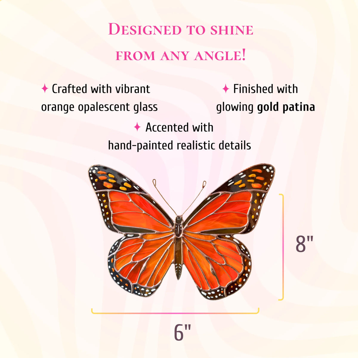 An orange and black patterned butterfly ornament centered on a pale pink background with size markers showing 6 inches wide by 8 inches tall.