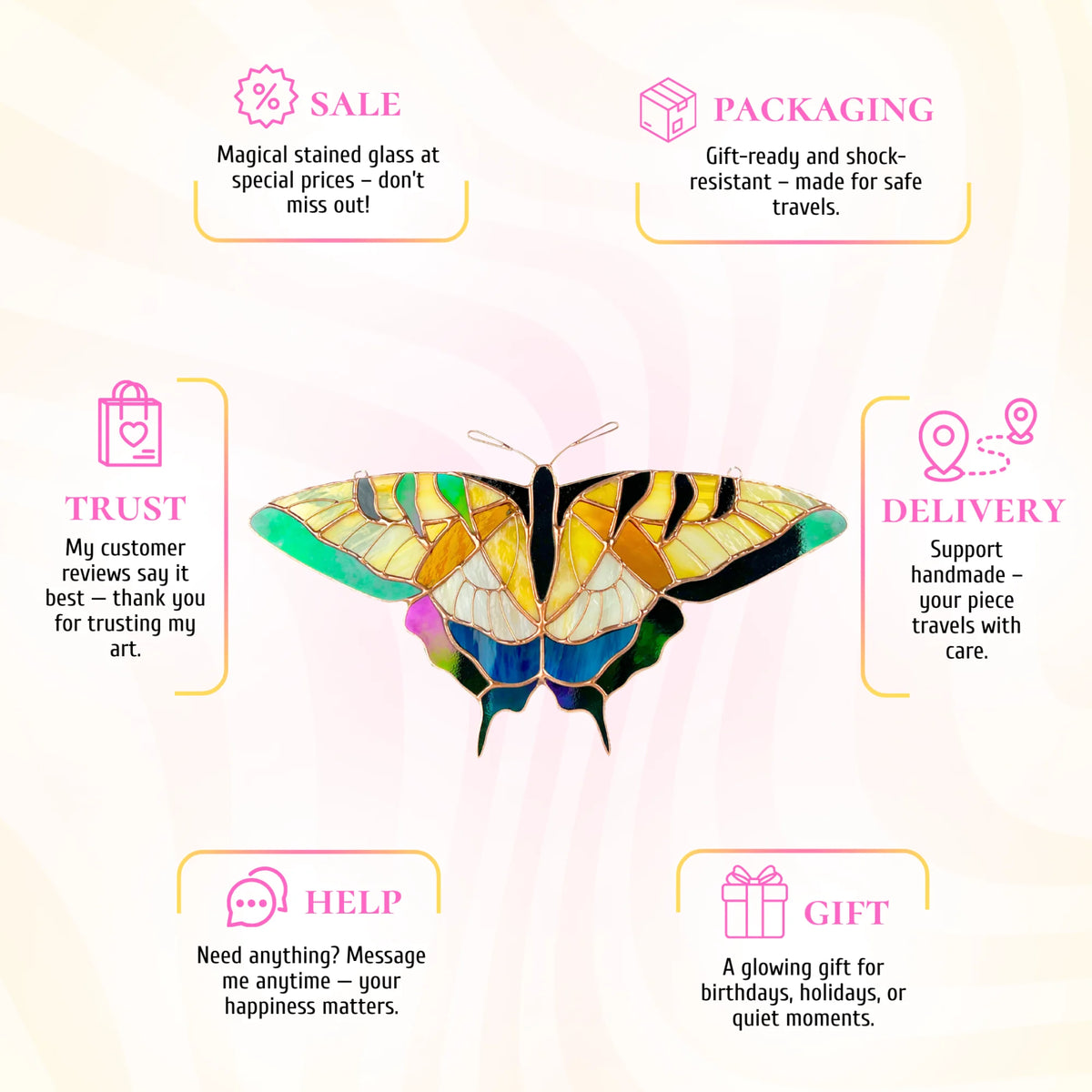 This stained glass butterfly infographic highlights its beauty as a wonderful gift for any celebration.