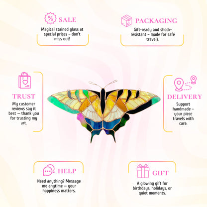 This stained glass butterfly infographic highlights its beauty as a wonderful gift for any celebration.