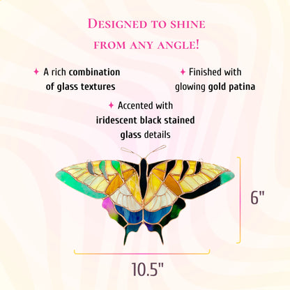 This dimensions infographic shows the stained glass butterfly is 6 inches tall and 10.5 inches wide, featuring iridescent black details.