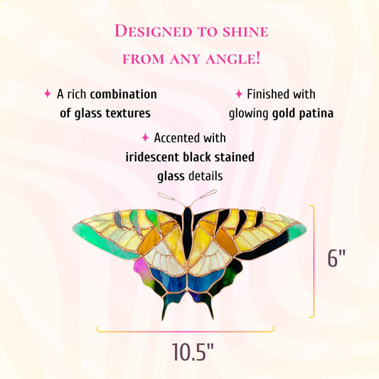 This dimensions infographic shows the stained glass butterfly is 6 inches tall and 10.5 inches wide, featuring iridescent black details.